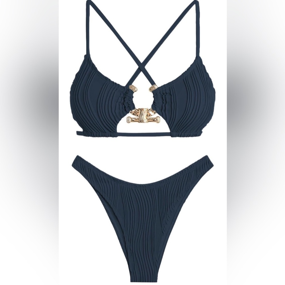 Zaful Textured Bikini Size L (US 8-10) – High Cut, Sparkle Metal Detail - Picture 2 of 10